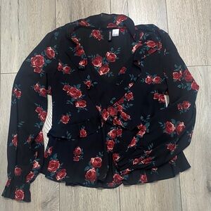 H&M Black Blouse with Red Floral Pattern